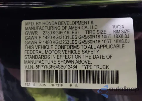 2025 Honda Ridgeline Trailsport из США, поврежденный, VIN 5FPYK3F64SB012464